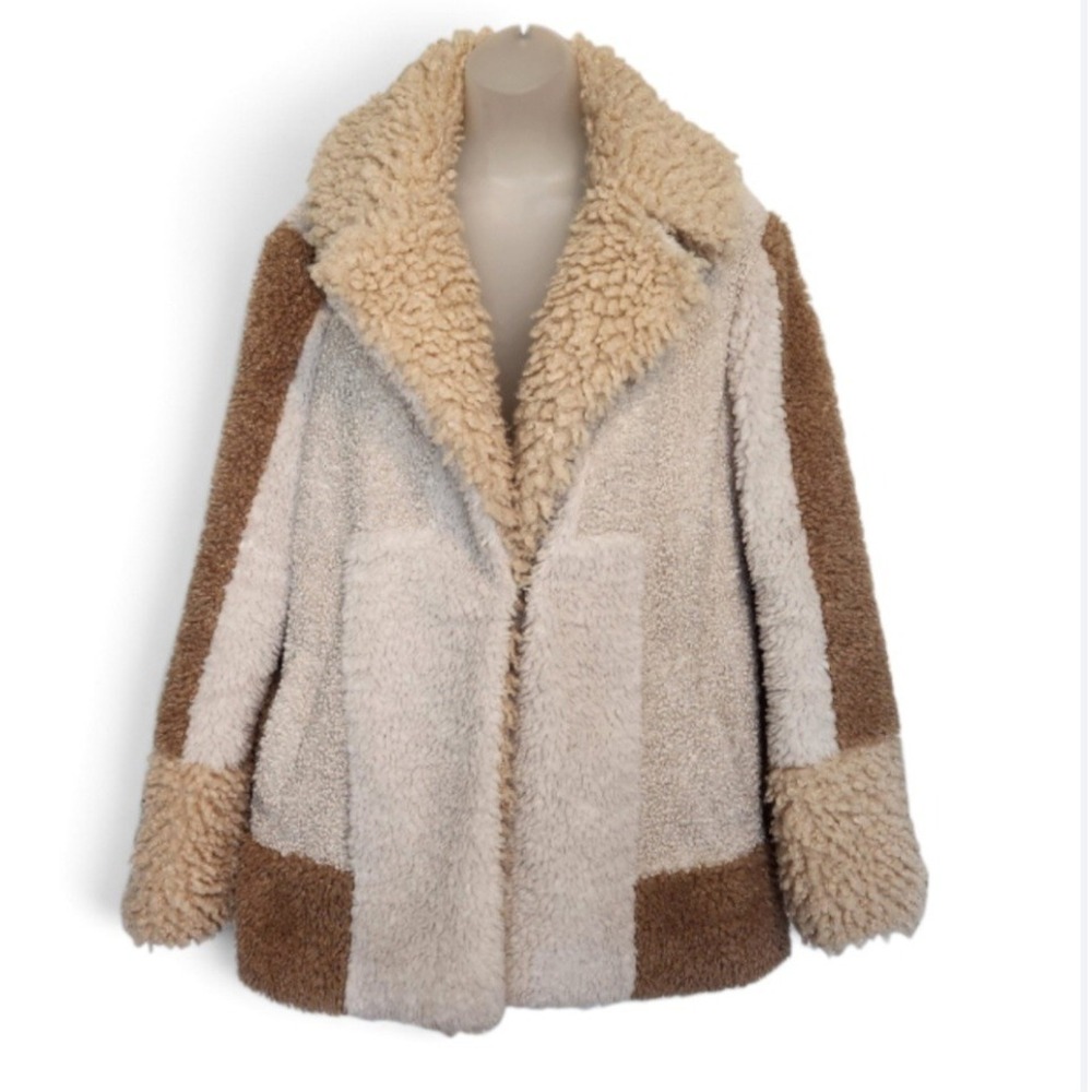 A.L.C. Stan Colorblock Sherpa Teddy Coat Jacket Faux Fur Patchwork L Large